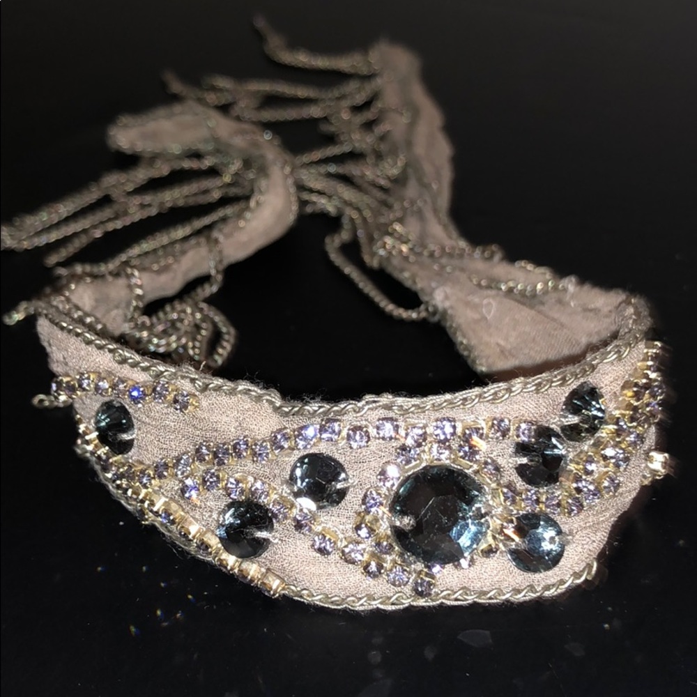 BRACELET/CHOKER-TAUPE VINTAGE SILK SMOKEY BLUE